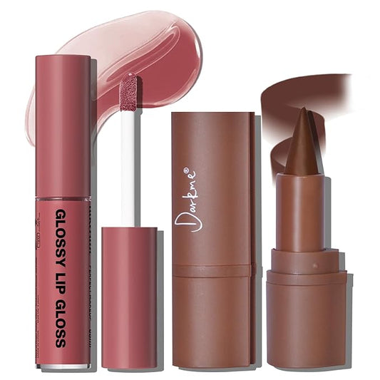 Lip Liner Gloss Set, Dark Brown Plumping Lip Liner Lip Pencil Moisturizing Lightweight Lip Gloss Lip Combo, High Shine Glossy Lip Tint Lip Stain Makeup Long Lasting Lip Contour for Women