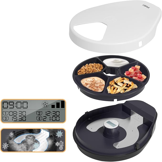 Cat Wet Food Automatic Feeder with Cooling, Semiconductor Refrigeration, with Timer, 5 Food Compartments for 330g Pet Food Each, Premium Meal Plates, Washable, for Cats (UBPET)