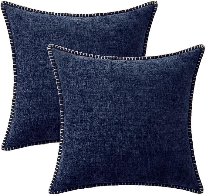 MIULEE Decorative Couch Throw Pillow Covers 18x18 Inch Navy Blue 2 Pack | Farmhouse Pillow Covers with Stitched Edge, Soft Chenille Cushion Cases, for Sofa Bed Living Room Home Decor