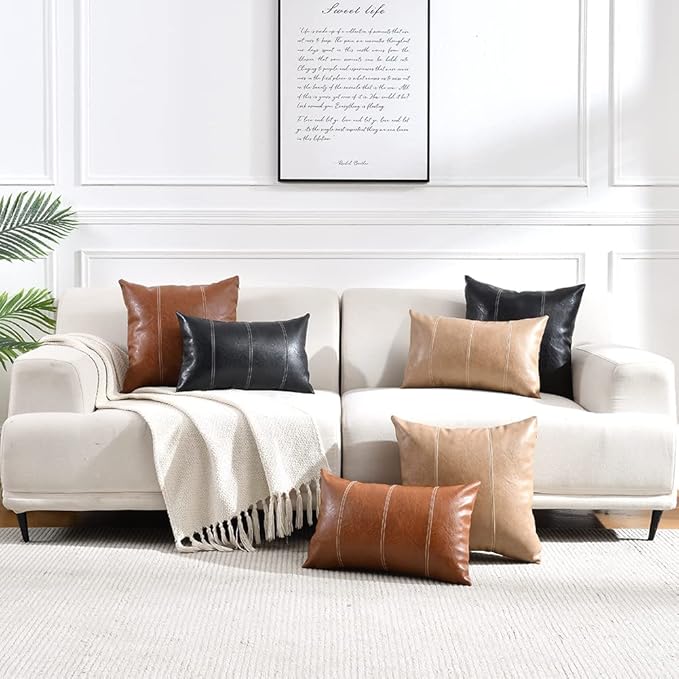 Fancy Homi Brown Boho Faux Leather Decorative Throw Pillow Covers 20x20 Inch for Living Room Couch Bed, Hand Stitched Accent Square Cushion Case 50x50 cm, Luxury Modern Farmhouse Home Decor