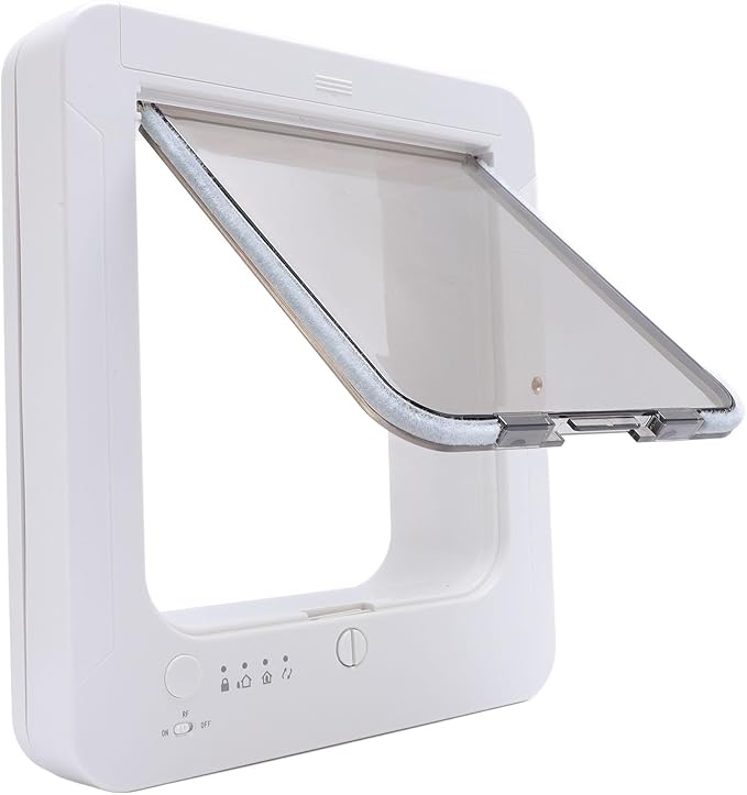 Smart Electronic Pet Door, Automatic Unlocking Microchip Dog Door with 4 Distinct Modes, Selective Entry and Exit, Weatherproof Battery Powered Pet Door for Multi Pet Homes (White + Remote