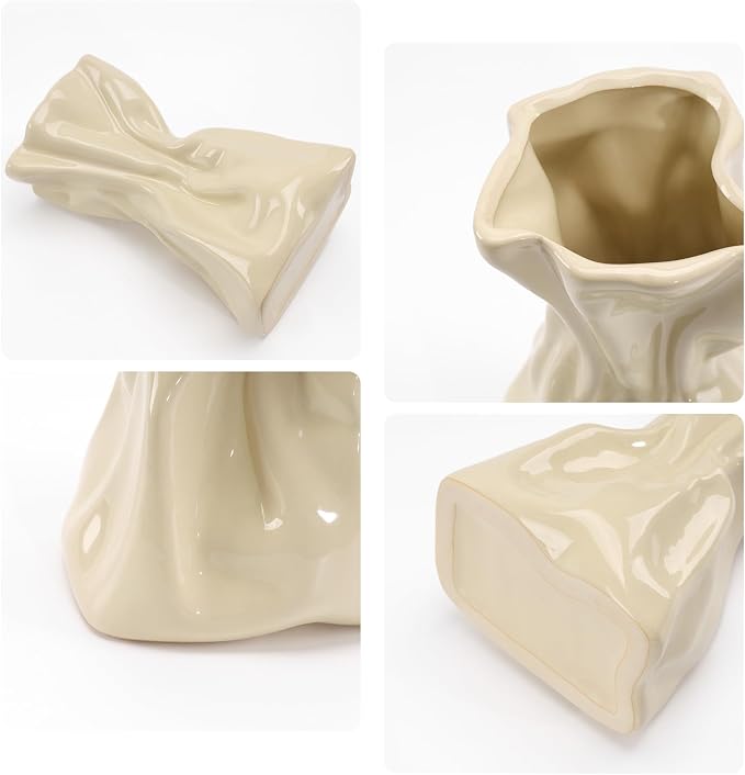 7.6 Inch Glossy Cream Ceramic Vase, Unique Crinkled Paper Bag Vase for Flower, Boho Vases for Home Decor, Wedding Centerpiece Table, Decorative Flower Vases for Entryway, Kitchen, Living Room