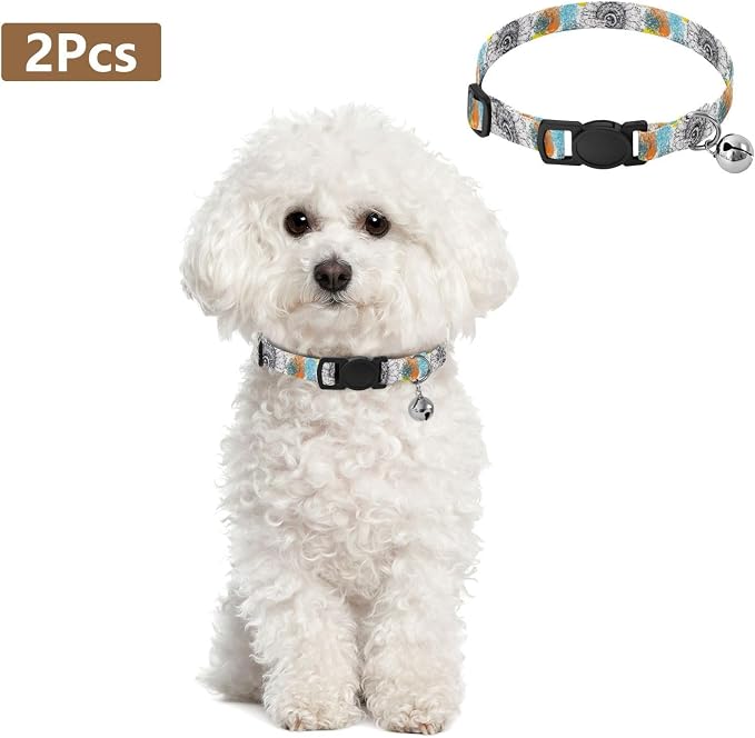 Black White Bees Sunflower Soft Polyester Pet Collar, 2 Pack Bell Collar for Small Dogs