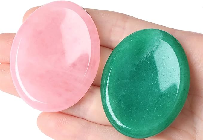 QINJIEJIE 2PCS Thumb Worry Stone for Anxiety Healing Crystals Sets Rose Quartz Crystals Green Aventurine Hand Carved Gemstone Oval Pocket Meditation Crystal Palm Stone Anxiety Relief Items