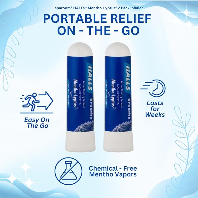 HALLS Nausea Relief Nasal Stick – Breathe Mentho-Lyptus, 100% Pure Essential Oils, Aromatherapy Nasal Stick for Sinus Relief, Stress & Craving Management, Mentho-Lyptus Scent, 2-Pack, Non-Medicated