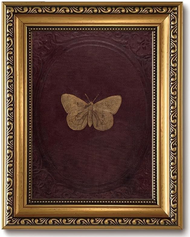 ZLPLLHA Vintage Gold Framed Wall Art Butterfly Wall Decor Moody Canvas Art Insect Pictures Victorian Paintings Burgundy Artwork for Bedroom Living Room