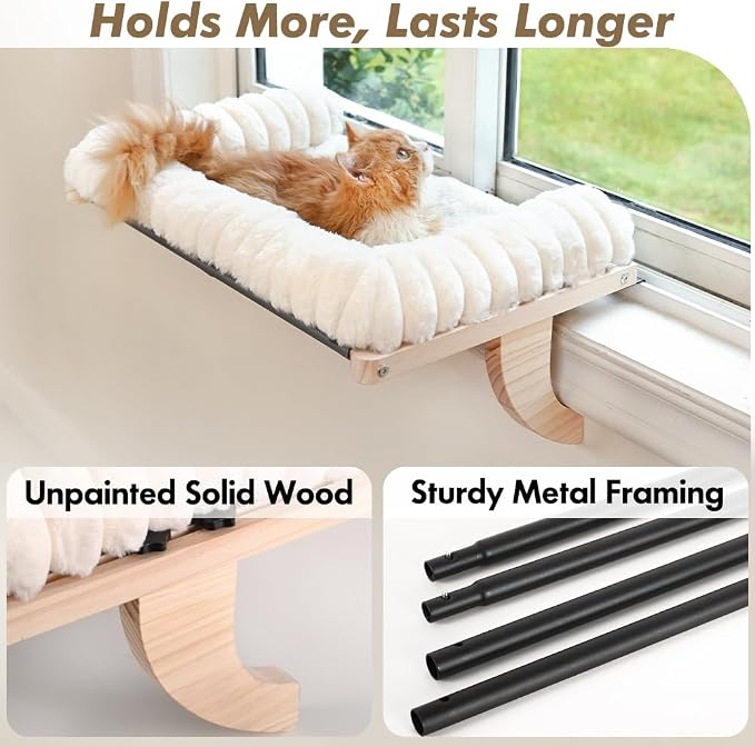 Cloud-Soft Cat Window Sill Perch, Zipper Design Cushion Pet Bed,XL | Solid Wood & Sturdy Metal Frame, Machine Washable, Unobstructed Front View, Panoramic and Roomy Cat Hammock for Large Cats