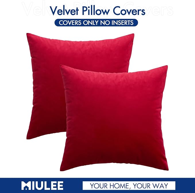 MIULEE Velvet Throw Pillow Covers 20x20 Inch Pack of 2 Red | Soft Solid Decorative Pillow Covers, Modern Luxury Home Decor, for Couch Chair Sofa Bedroom Livingroom