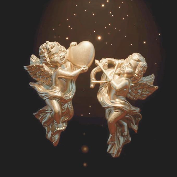 2Pcs Gold Resin Winged Angel Wall Sculptures Wall Hanging Adornment Cherub Cupid 5.3 inch Tall Adorable Angelic Figure Angel Figurines Crafts Vintage Ornament for Wedding Decor