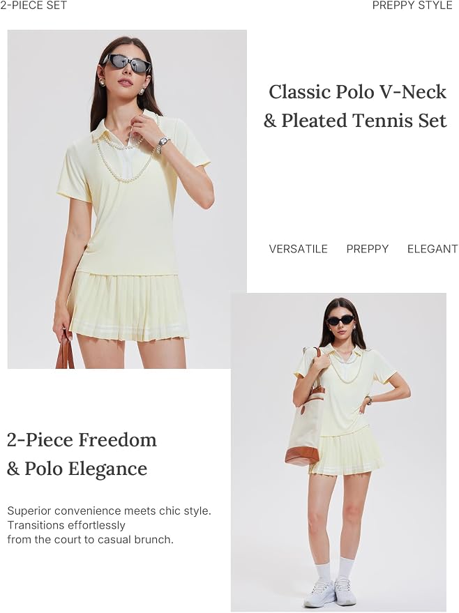 Women 2 Piece Tennis Skirt Set Pleated Golf Outfit, Polo V-Neck Athletic Dress Alternative Skort Set for Pickleball Pockets