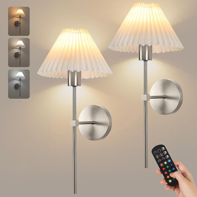 Wireless Wall Sconce Sets of 2, Pleated Shades Rechargeable Battery Operated Wall Sconce, Retro Industrial Brushed Nickel Bathroom Vanity Lights, Wall Mounted Lamps for Bedroom Living Room Hallway