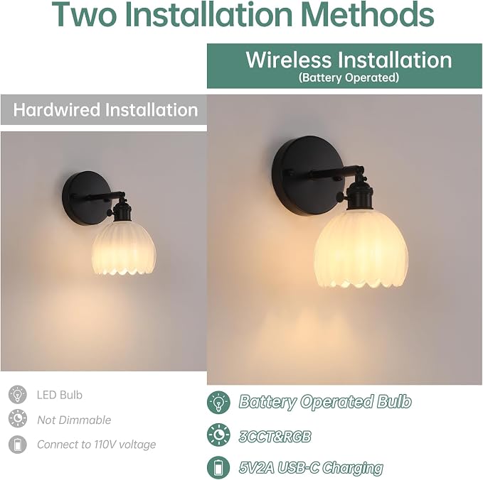 Shenmoyl Vintage Battery Operated Wall Sconce with White Tulip Glass Lampshade Rechargeable Battery Powered Black Wall Light with Remote Control for Bedside Bedroom Doorway, Set of 2