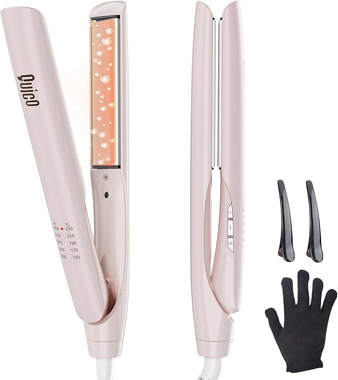 Quico Upgrade Hair Straightener, 100-240V Dual Voltage Travel Hair Straightener and Curler with 15s Heat Up, Professional Negative Ion Ceramic Flat Iron for Less Frizz, 5 Temp & Auto Shut-Off, Pink