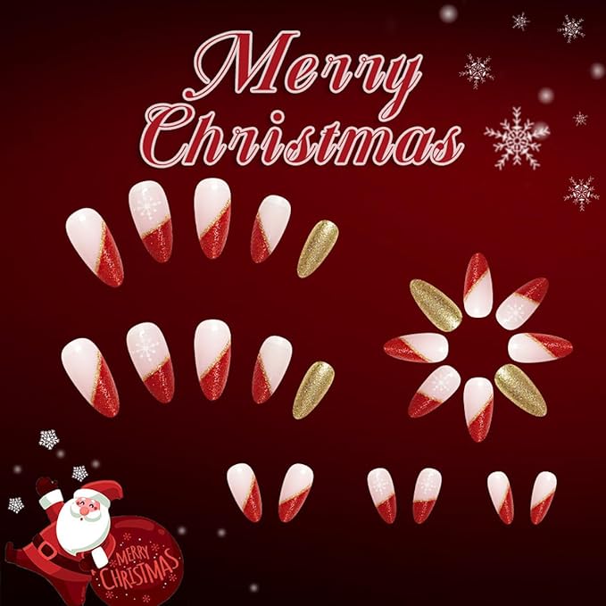 Christmas Nails Press ons Red French Tip Fake Nails Medium Almond False Nail Artificial Acrylic Glossy Full Cover Gold Glitter Glue on Nail Snowflakes Stick on Nail for Women Xmas Manicure 24Pcs