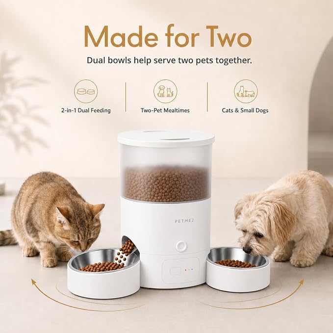 3L Dual Automatic Pet Feeder - Smart & Quiet Cat Automatic Feeders for 2 Cats with App Control, 2 Way Audio, Dual Power Options, Portion Control, Self-Feeding Cat Food Dispenser - White