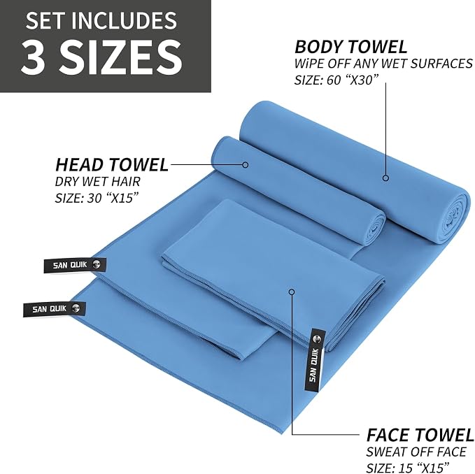Quick Dry Camping Towel with EVA Case, Microfiber Travel Towel 3 Size at 1 Pack, Super Absorbent Lightweight Fast Drying Towel Set for Beach, Gym, Sports, Backpacking, Yoga & Swimming Pool, Blue