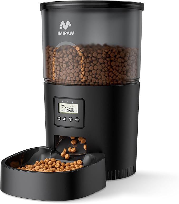 IMIPAW Automatic Cat Feeders, 3L Timed Cat Dry Food Dispenser, Dual Power Supply, Programmable Portion Size, 1-6 Meals Per Day, Auto Pet Feeder for Cats and Small Dogs, with Desiccant Bags
