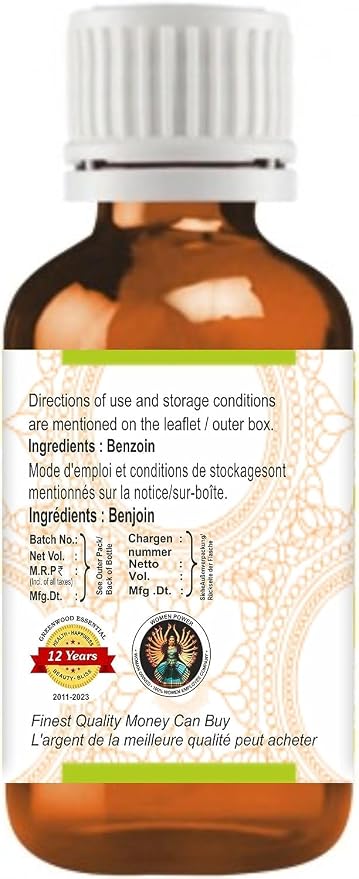 Greenwood Essential Benzoin Essential Oil (Styrax Benzoin) Pure | Viscous Texture | Rich Aroma | Unisex | All Skin Types |Natural Extract Steam Distilled 10ml (0.33 oz)