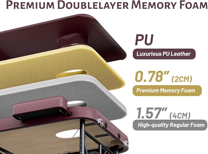 Professional Massage Table Portable 3 Fold Premium Memory Foam Aluminium Leg Hold Up to 1100LBS 8 Heights Adjustable with Carrying Bag Burgundy