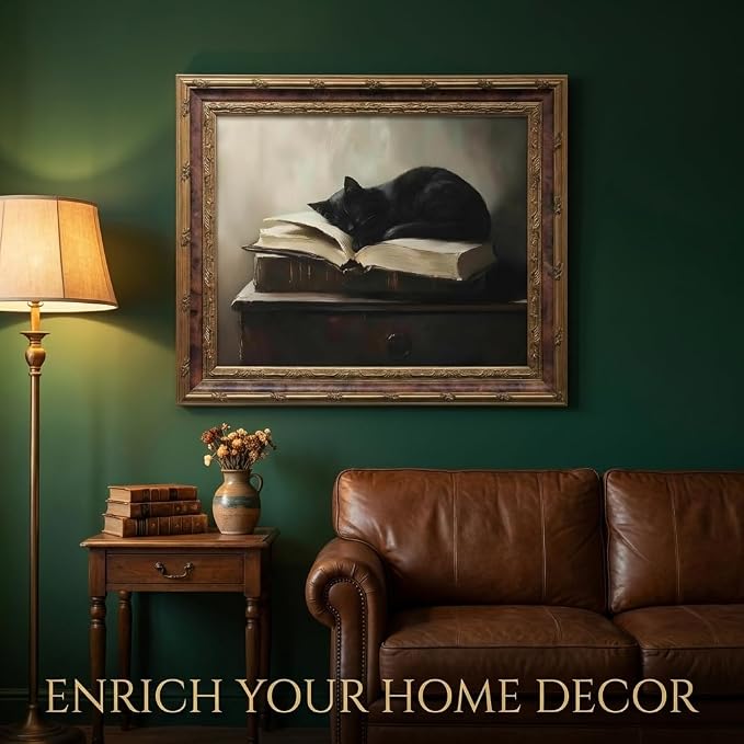 Vintage Moody Gothic Black Cat Wall Art, Dark Academia Cat Canvas Print, | Sleeping Cat on Antique Books Painting Poster, Literary Picture Wall Decor for Living Room Bedroom Office 8x10 In