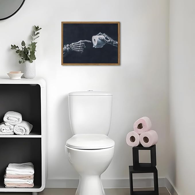 Funny Skeleton Bathroom Wall Art Gothic Skull Hand and Toilet Paper Bathroom Wall Decor Picture, Dark Academia Restroom Poster Canvas Print Painting 16x24 inch Wood Framed