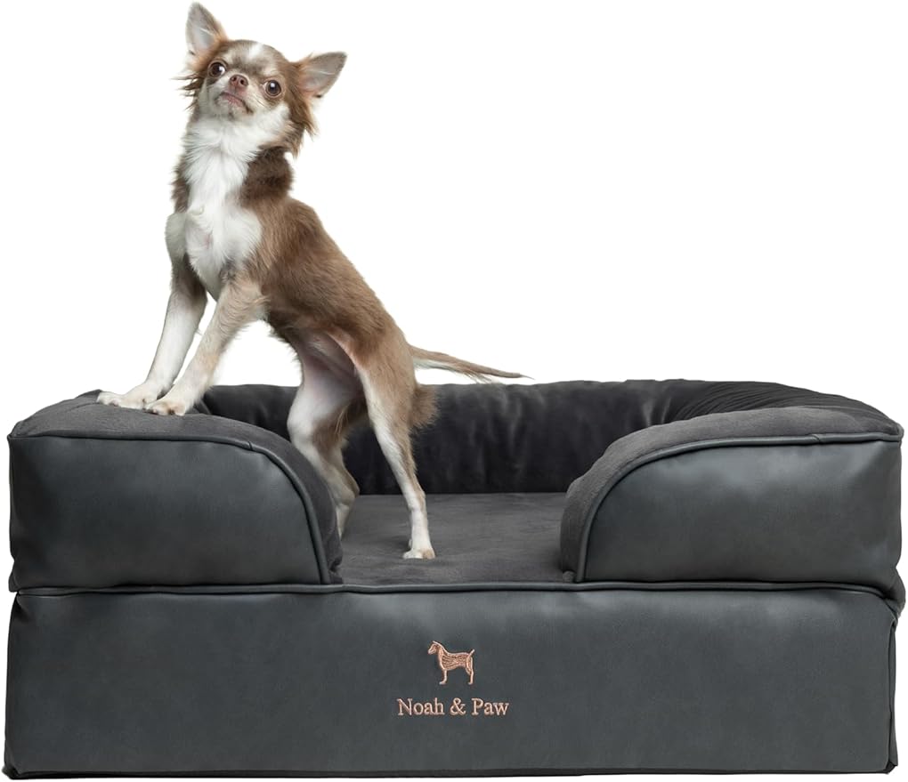 NOAH & PAW Dog Bed, 28x23x11 Inch, Orthopedic Dog Beds for Medium Size Pets, Eggshell Memory Foam Infused with Cooling Gel, Inner Cover, Water Resistant, Machine Washable (Faux Leather)
