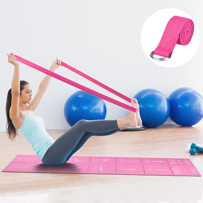 Foldable Yoga Mat for Women, Non Slip Exercise Mat for Home Gym, 5mm Travel Yoga Mats Set With Stretch Strap for Yoga Pilates and Fitness, 68"L x 24"W x 0.2 Inch Thick