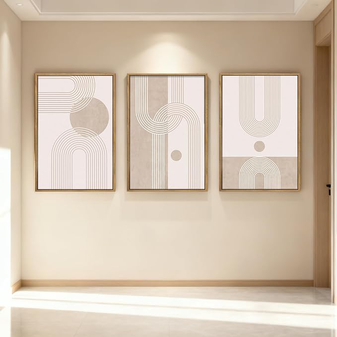 ANHUIB Extra Large Neutral Boho Abstract Canvas Wall Art Set of 3 Framed Mid Century Modern Wall Decor Beige Geometric Line Artwork Minimalist Prints 24x36 Inch Painting for Living Room Bedroom Dining Room Office