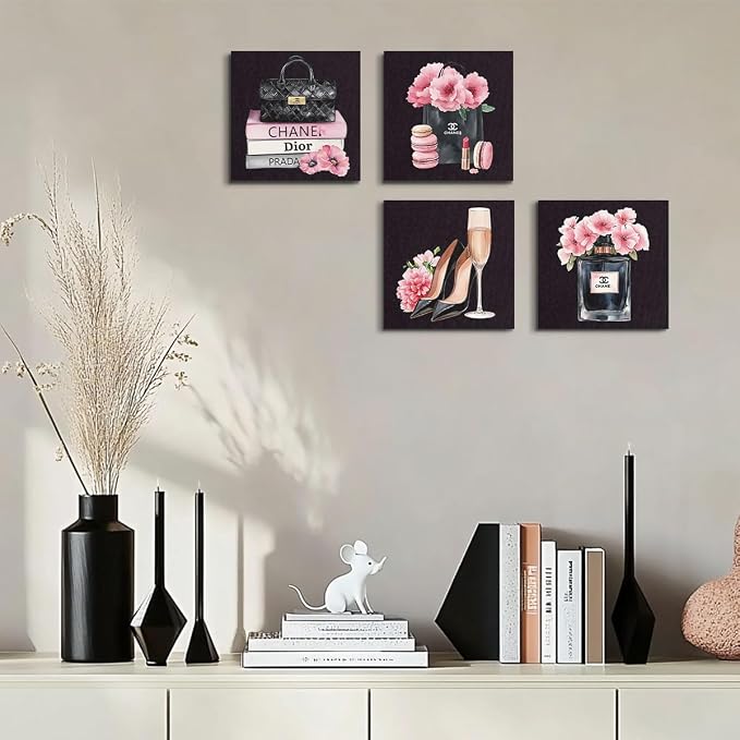 4 Pcs Fashion Canvas Wall Art, Framed Pink and Black Wall Decor 8 x 8 Inch | Aesthetic Posters Art Prints Artwork Pink Pictures for Women Teen Girls Room Bedroom Apartment Vogue Room Decor