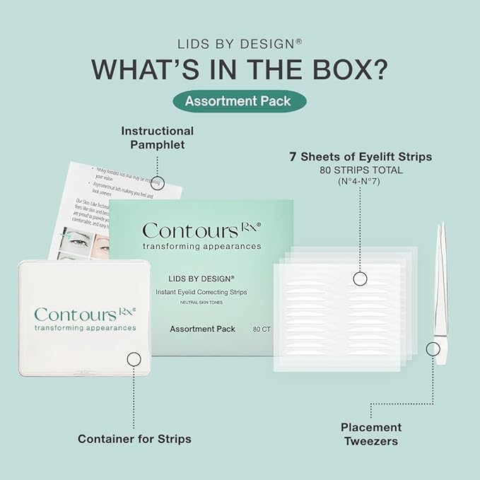 Contours Rx Lids By Design - Medical Grade Eyelid Correcting Strips for Heavy, Hooded, & Droopy Lids - Transparent, Anti-Aging, and Eyelid Lifting Treatment - (4mm - 7mm) Assortment Pack, 160ct