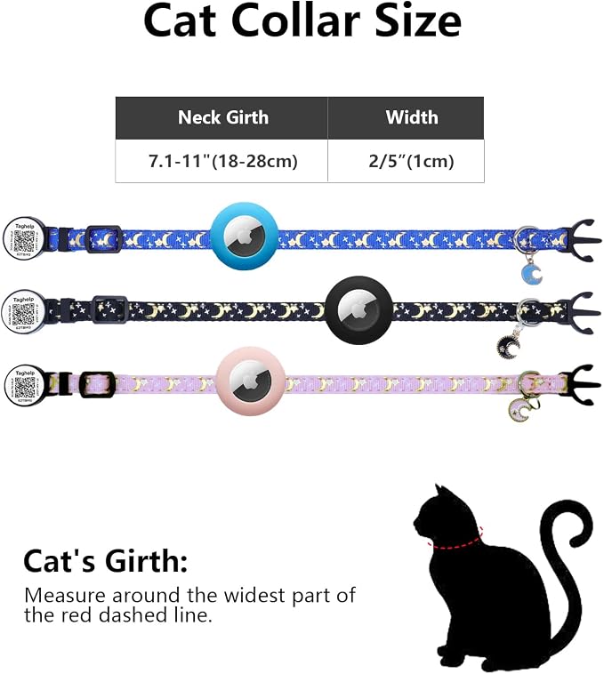 2 Pack Airtag Cat Collar, Breakaway Cat Airtag with Smart ID tag & QR Code Reflective (Star Moon & Paw Pattern - Black, with Integrated AirTag Holder)