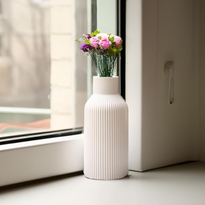 Bohemian White Ceramic Vase - for Pampas Grass, Mantel, Bookshelf, Entryway and Living Room Decor (White, 7in)