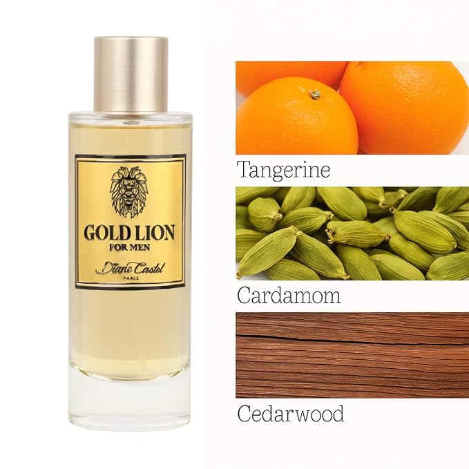 Diane Castel Gold Lion - Cologne for Men - Elegant Mens Cologne - Flamboyant Allure of Mandarin, Cardamom, Cedarwood, and Musk Notes - 3.3 oz