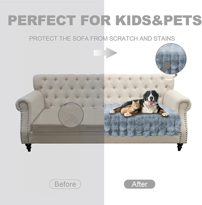 Dogs/Cats Bed Mats, Dog Pad Washable Removable Couch Cover with Anti-Slip Back, Plush Long Fur Mat, Perfect for Small, Medium and Large Dogs.(Light Gray-Bubble, 30"x53")
