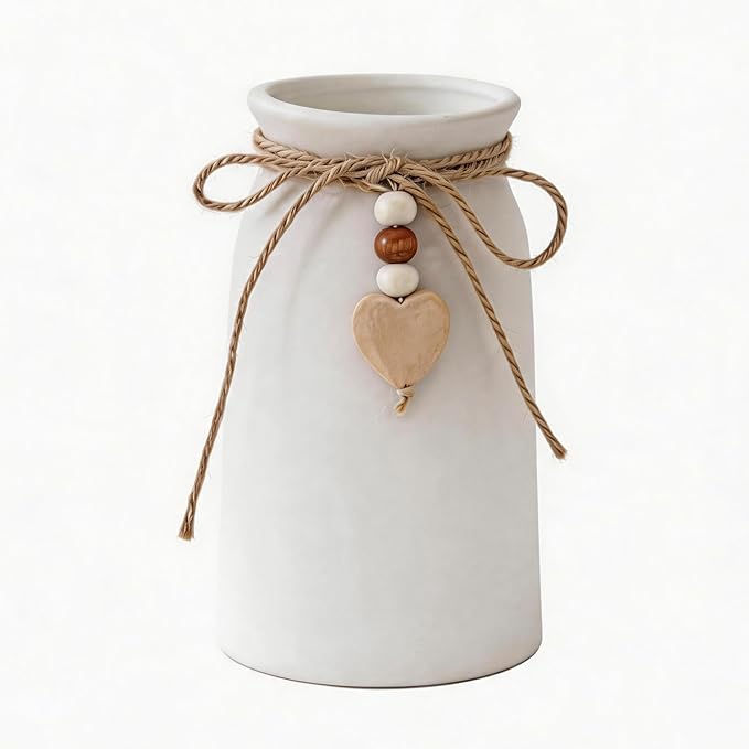 Rustic 6-Inch Ceramic Vase with Jute Rope & Heart Charm for Home Décor, White Flower Vase for Table Centerpieces and Gifts, Ideal for Living Room, Bedroom, and Office