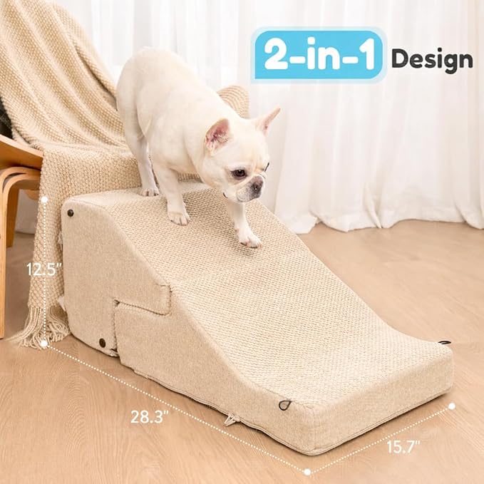 3-Step Dog Stair and Ramp for Small Dogs and Cats, Pet Steps for Sofa and Couch with Non-Slip Bottom, Beige