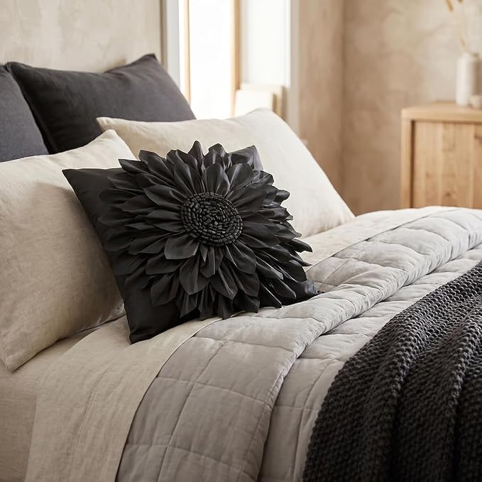 Black Accent 3D Flower Decorative Throw Pillow Covers for Bed Sofa Couch | Bella's Giftshop Handmade Sunflower Taffeta Pillow Cases Living Room Bedroom Decor, 18x18 Inch