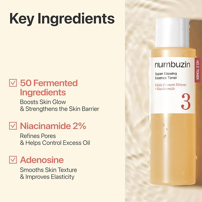 numbuzin No.3 Super Glowing Essence Toner, Fermented Toner for Skin Glow & Texture, Bifida, Niacinamide, Hydrating, Radiance-Boosting Essence, Zero Pore Care, 6.76 fl oz (200ml)