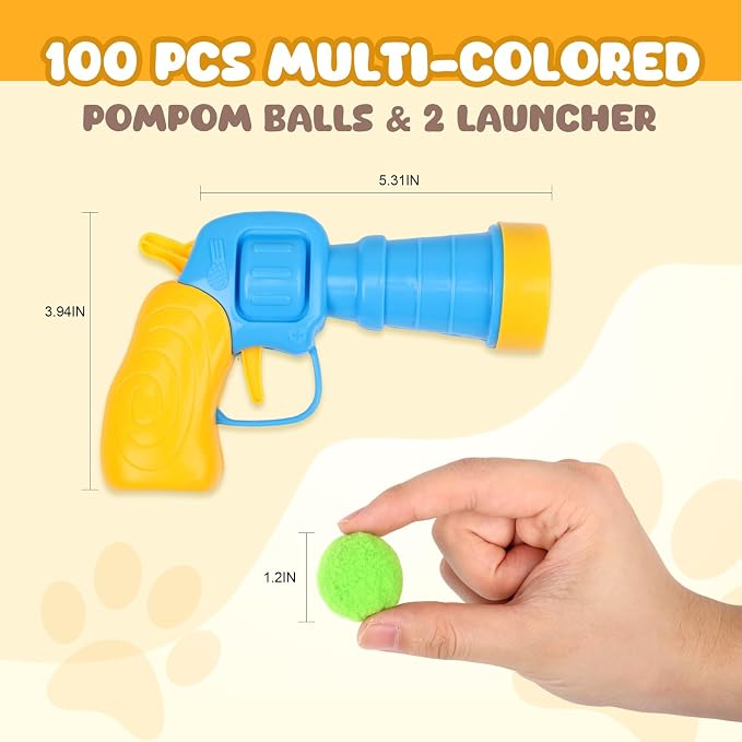 TEAWOO 50Pcs Cat Toys Pom Pom Balls with 1 Launcher Set, Interactive Cat Toy Stuff for Indoor Both Adult & Kitten Toys | Interactive Cat Toy Stuff for Indoor Both Adult & Kitten Toys, 1 launcher & 50 balls