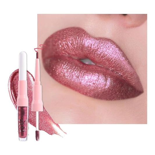 evpct Plum Red Metallic Glitter Lip Liner and Lipstick Combo Lip Gloss Stain Set Makeup for Women Long Lasting Waterproof 24, Plum Red Metallic Shimmer Frosted Iridescent Glossy Liquid Lipstick 28