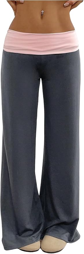 SOLY HUX Women's Sweatpants Color Block Low Rise Fold Over Waist Baggy Wide Leg Pants