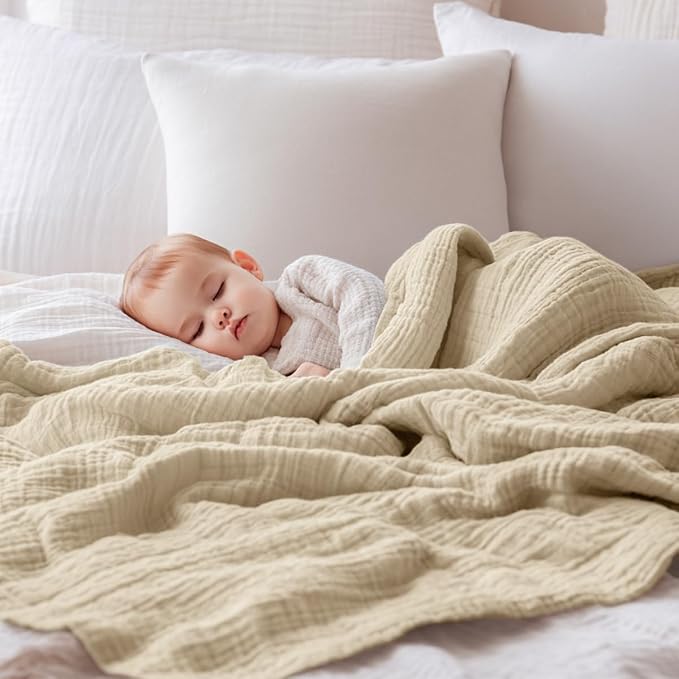 EMME Muslin Blankets for Adults Beige Small Blanket 40" x 50" | Throw Blanket for Couch Breathable Gauze Soft Lightweight Airy Light