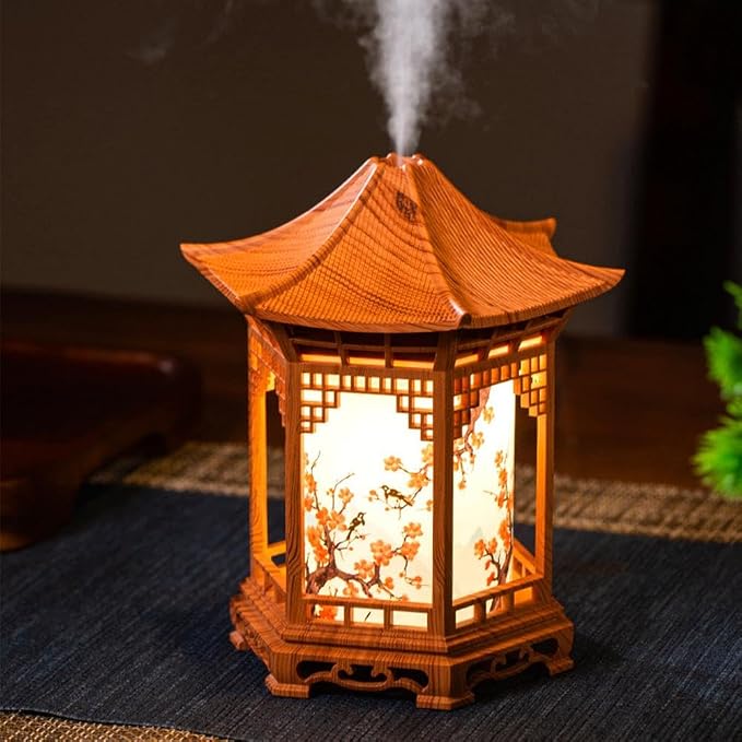 Zen Pavilion Lantern Aroma Diffuser & Night Light,2-in-1 160ml Essential Oil Diffuser with 2 Mist Modes,Zen Garden Humidifier Chinese-Style Decorative Night Light for Yoga, Meditation (Wood Color)