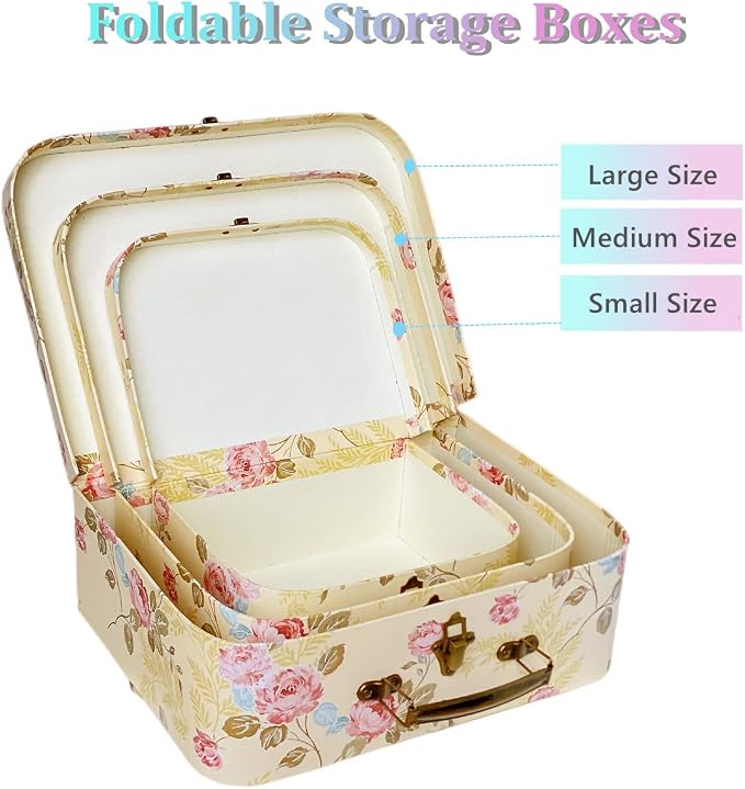 Paperboard Suitcases(Set of 3), Gift Boxes With Lids For Presents, Photo Storage, Dolls, Perfect for Home Decoration, Baby Shower Wedding, Birthday, Christmas and New Year Decor(Yellow Flowers)