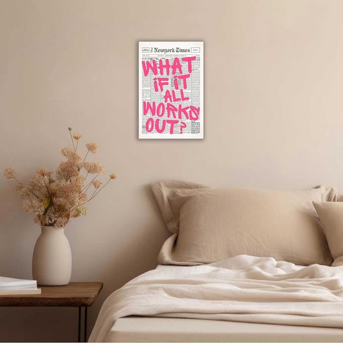 Drimiler Retro Newspaper Pink Font Poster What If It All Works Out Canvas Wall Art Positive Affirming Quote Minimalist Prints Painting For Home Bedroom Dorm Wall Decor 8x12in Wframed