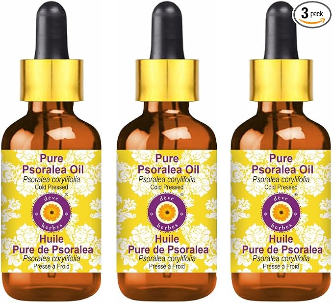 Deve Herbes Pure Psoralea Oil (Psoralea corylifolia) with Glass Dropper Cold Pressed (Pack of Three)100ml X 3 (10 oz)