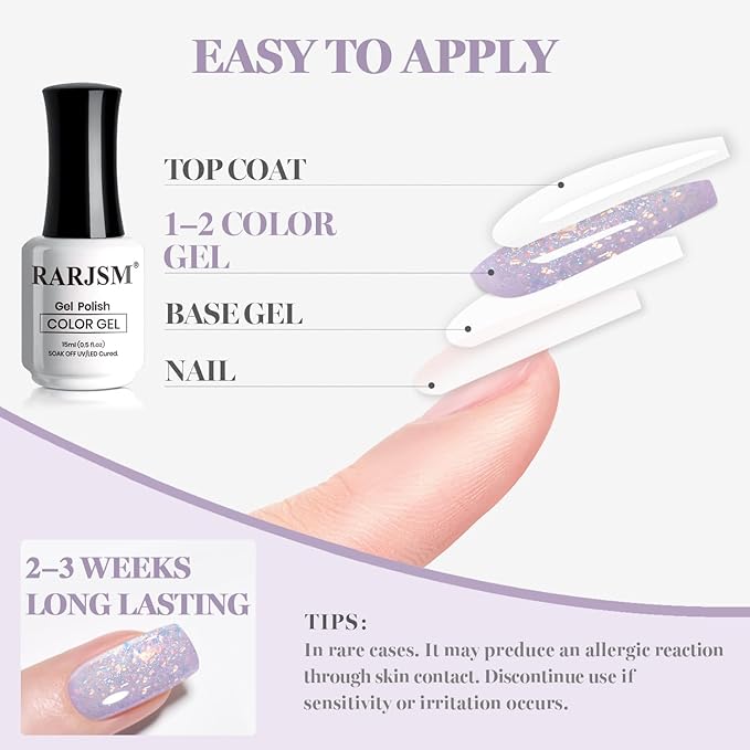 RARJSM Light Purple Glitter Gel Nail Polish Blue Green Big Rainbow Flakes Finish Shimmer Gelpolish 15ml Soak Off Sheer Jelly Tone Color Home Salon French Manicure Varnish Curing Requires