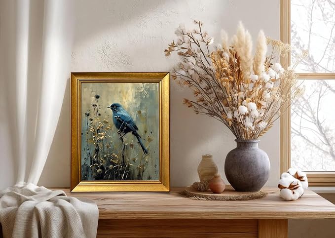 Vintage Blue Bird Wall Art Gold Framed Wall Decor Dark Cottage Core Farmhouse Canvas Print Academia Gothic Aesthetic Moody Botanical Woodland Oil Painting Artworks for Bedroom Living Room Decor