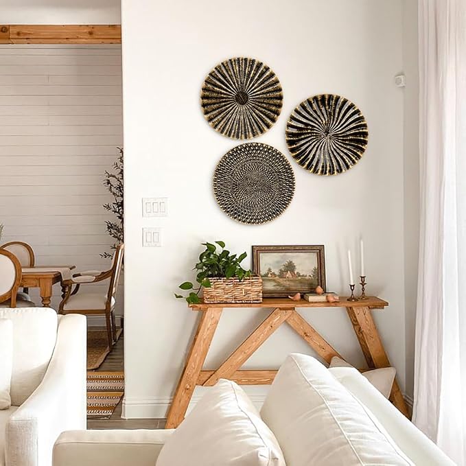 Briful 12" Wall Décor Pack of 3 Metal Gold & Black Washed Starbursts Radial Plate Wall Art Modern Accent Hanging Wall Decorations For Home Office Bedroom Or Living Room Wall Sculptures