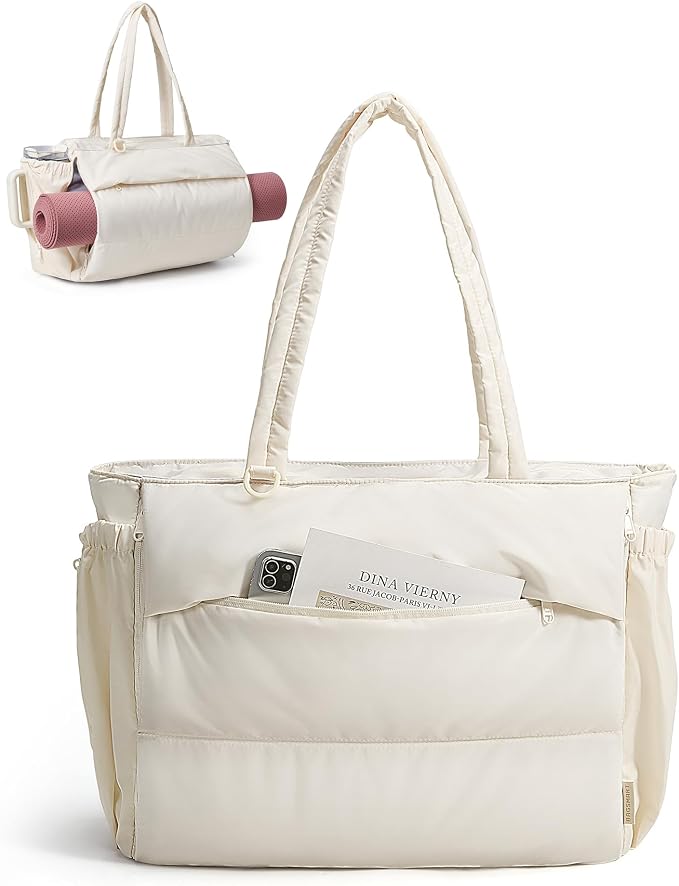 BAGSMART Yoga Pilates Tote Bag for Women with Knotted Handle, Gym Bag | 23L lightweight & waterproof shoulder sling bag, gym bag with yoga mat holder, for 15.6'' Laptop, ideal for work travel
